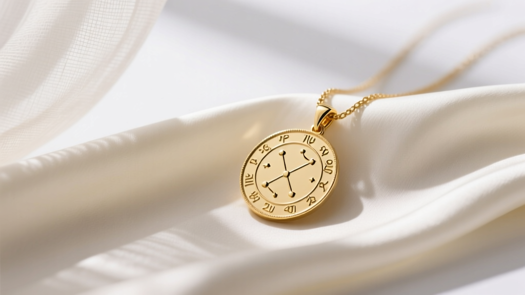 14k gold zodiac pendant on a silk blouse, soft lighting highlighting engraved constellation details on the textured metal surface.