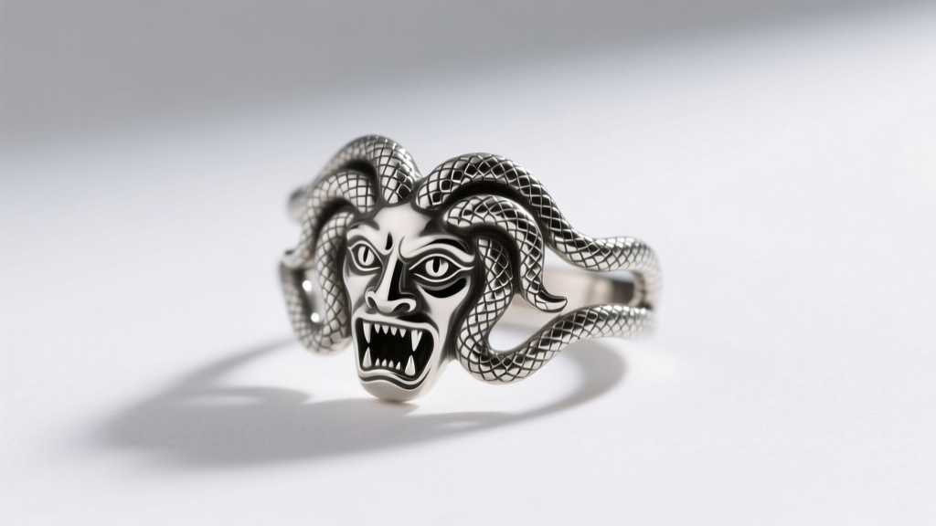 Sterling silver Medusa ear cuff on the upper helix, showing detailed snake scales and a Gorgon face under soft studio lighting.