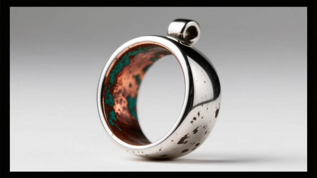 Side profile of a tarnished silver-plated ring pendant showing copper oxidation on the inner rim, contrasted with bright silver