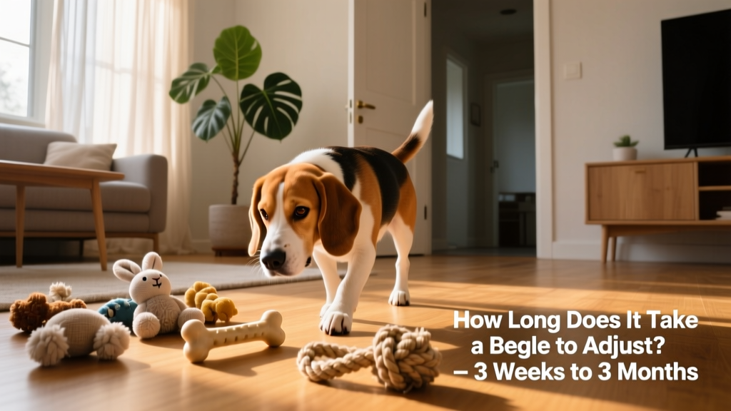 A calm beagle exploring a sunlit living room with toys nearby