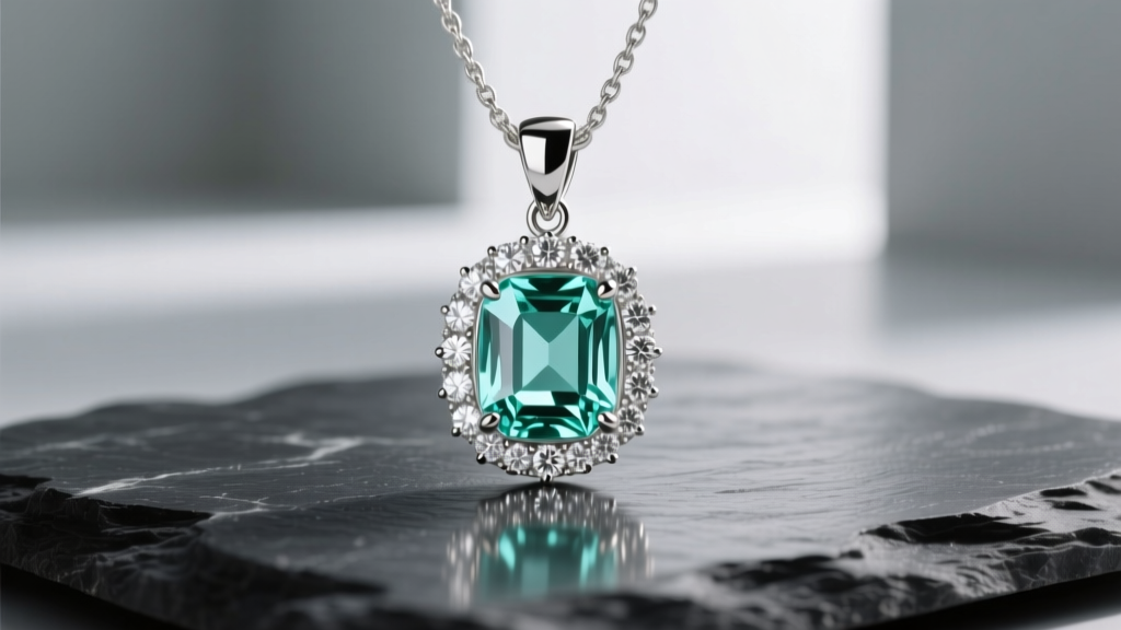 Macro shot of an 18k white gold pendant with an emerald-cut aquamarine and diamond halo resting on dark slate in soft light.