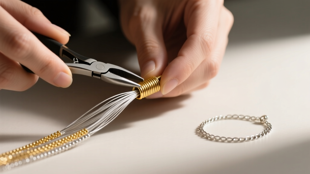 Jeweler using pliers to secure a 2mm gold-filled crimp tube on a 49-strand beading wire next to a delicate silver chain link.