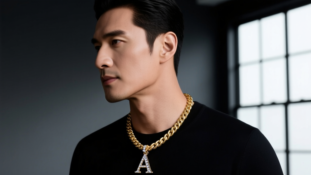 Side profile of a man wearing an 18-inch 18k gold rope chain with a diamond letter pendant against a moody studio backdrop