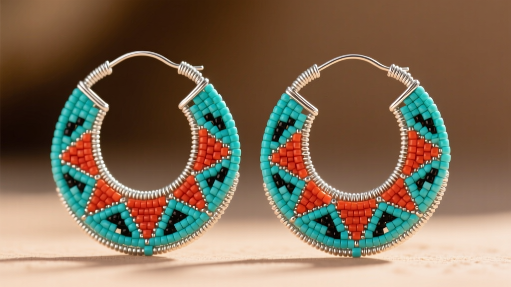 Close-up of authentic Native American beaded hoop earrings with turquoise and coral geometric seed bead patterns on silver wire.