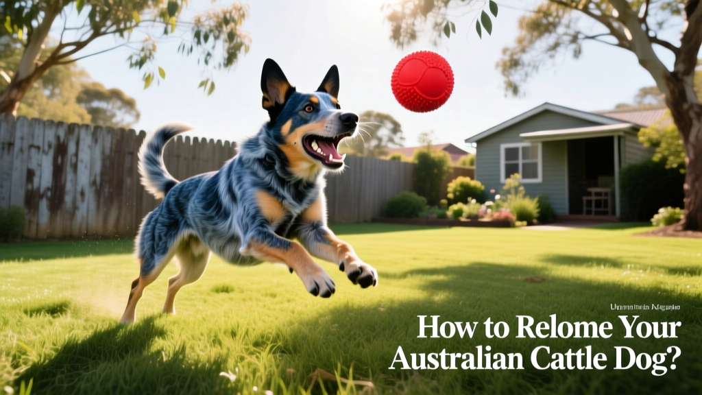 Australian Cattle Dog playing fetch in a grassy backyard, showing energy and focus