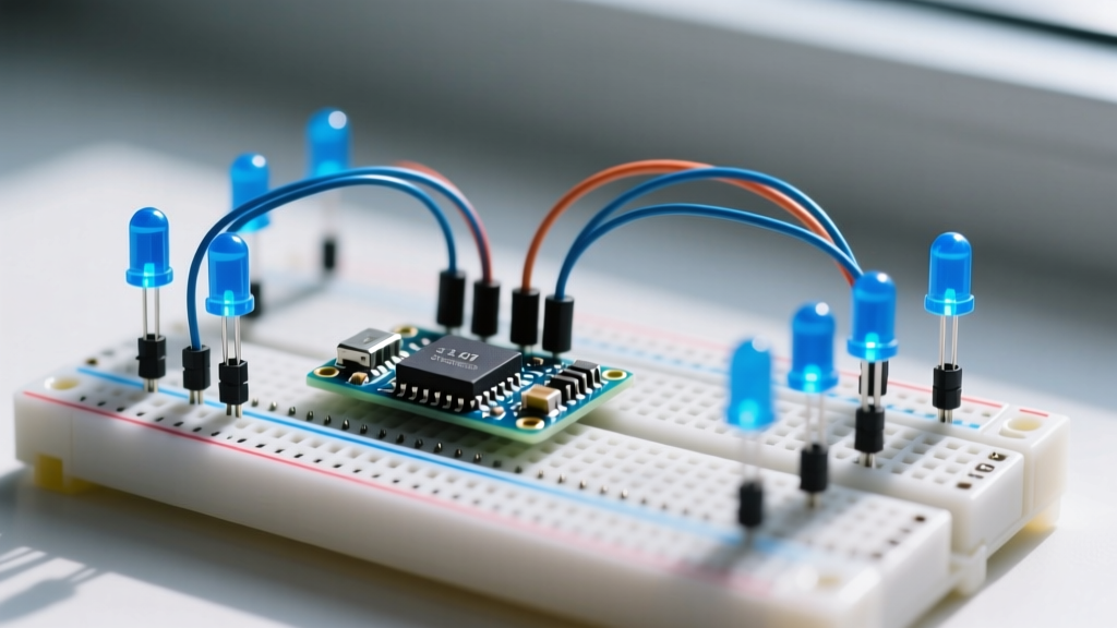 Close up photograph of a breadboard with a 3.3V Arduino Nano wiring multiple blue LEDs with 68 ohm resistors