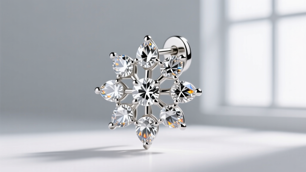 Diagram of an illusion setting cluster diamond earring showing rhodium-plated white gold heads holding single-cut melee diamonds.