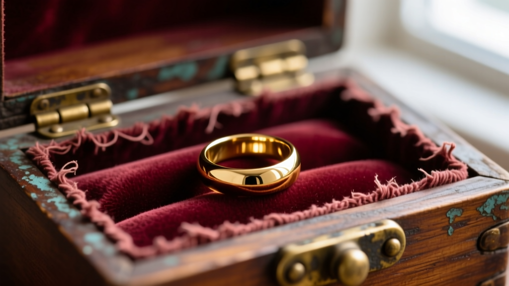 Close-up of antique box interior with frayed velvet and tarnished hinges resting beside a pristine, polished 14k gold ring.