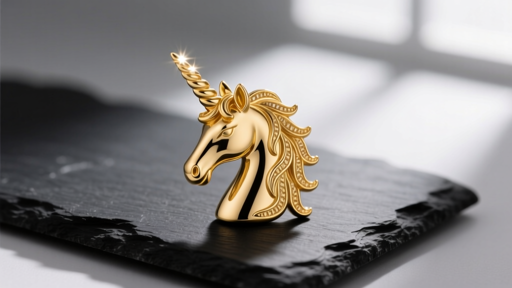 14k solid gold unicorn pendant on dark slate, showing intricate mane details and soft studio lighting reflections on the horn tip.
