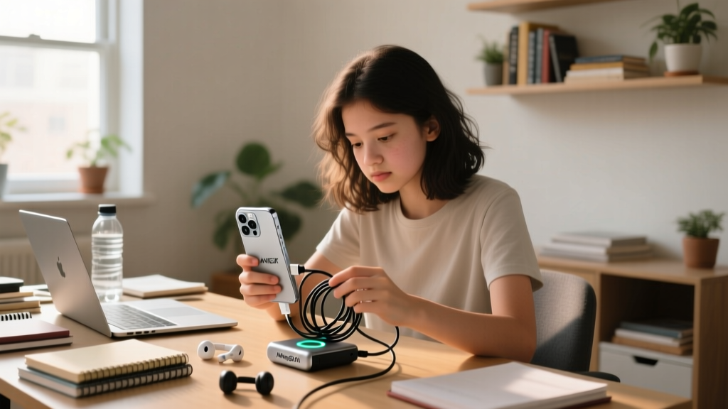 Teenager sitting at a cluttered study desk organizing cables and attaching a smartphone to an Anker MagGo Qi2 magnetic wireless power bank.