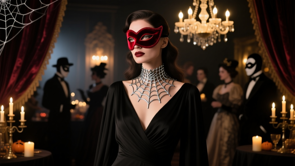 Elegant woman wearing a delicate 316L surgical steel spiderweb choker at a dimly lit Halloween masquerade party, gothic aesthetic