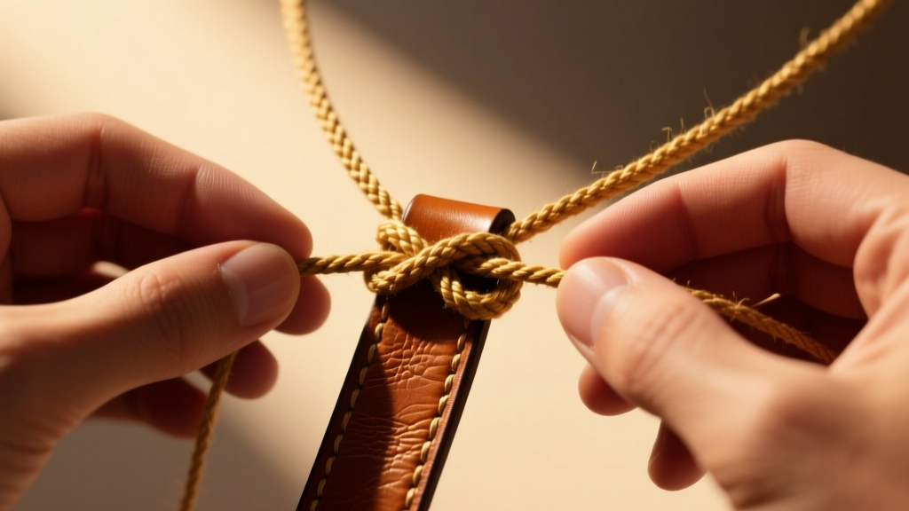 Hands tying a waxed cotton sliding square knot on a leather necklace, macro photography with warm golden hour sunlight