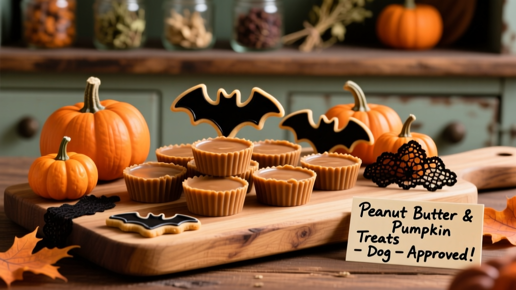 Finished peanut butter cups arranged on a wooden board with Halloween decorations like mini pumpkins and bat-shaped cookie cutters