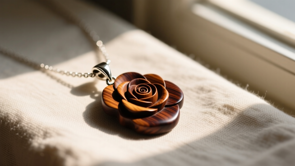 Carved vintage rosewood pendant necklace on linen, showing deep wood grain and a sterling silver bail in warm natural sunlight.