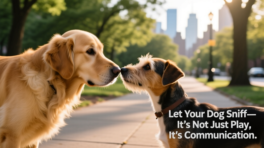Two dogs greeting peacefully, with one gently sniffing the other’s face and body—a natural, respectful communication behavior