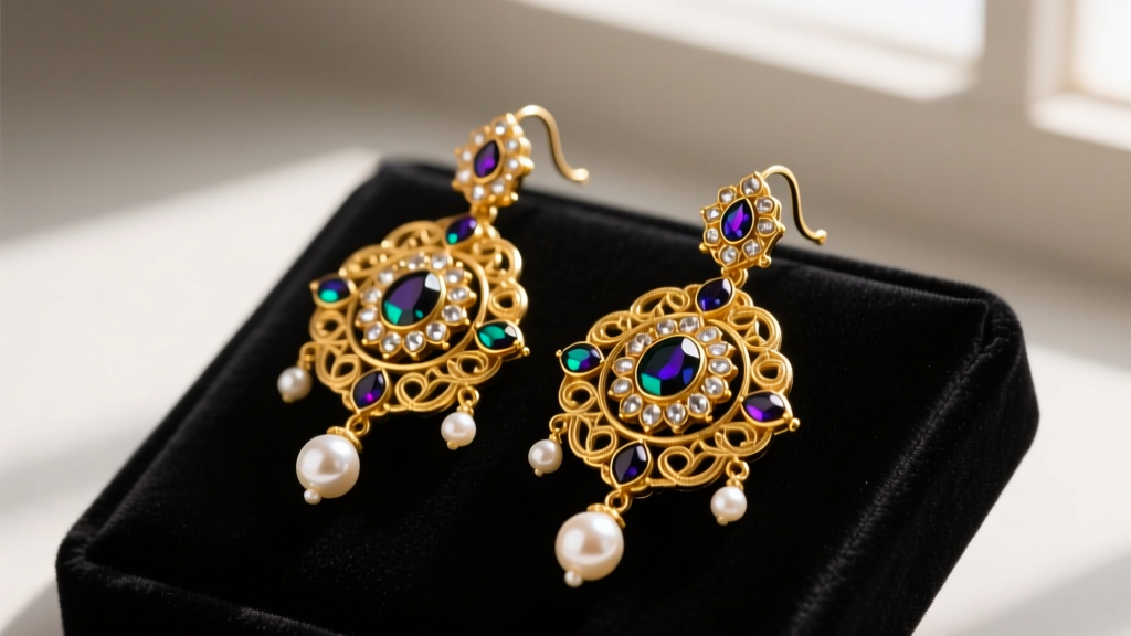 Close-up of heavy gold Bahubali earrings with Kundan stones and pearl drops resting on a dark velvet jewelry display pad.