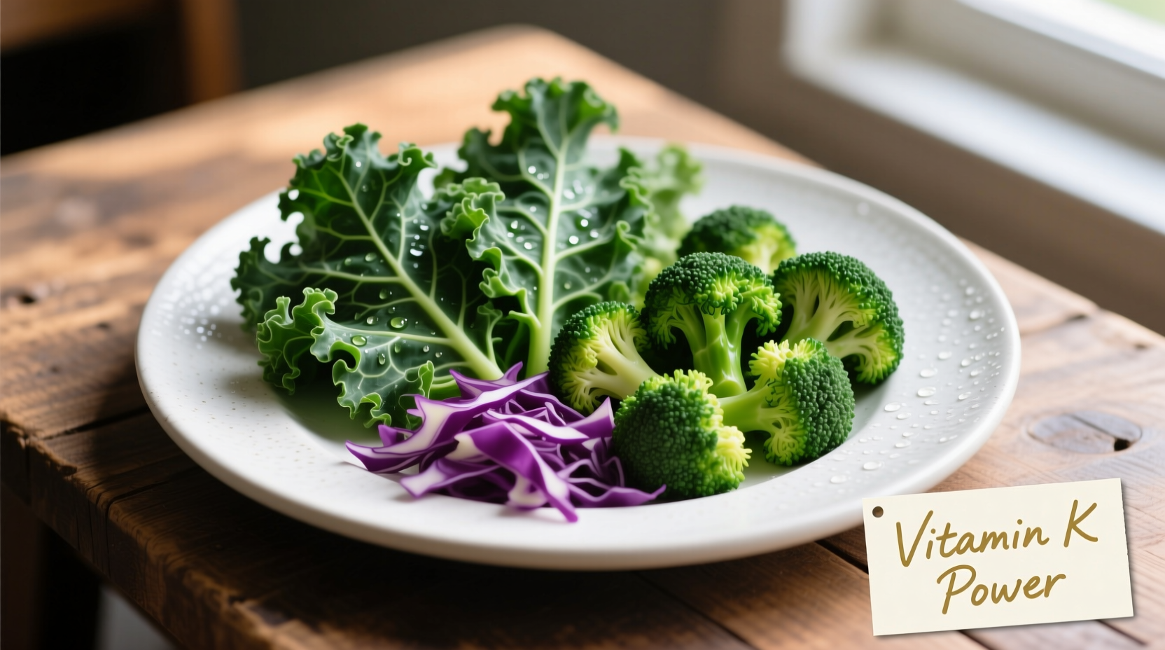 Colorful plate of vitamin K rich foods including kale and broccoli