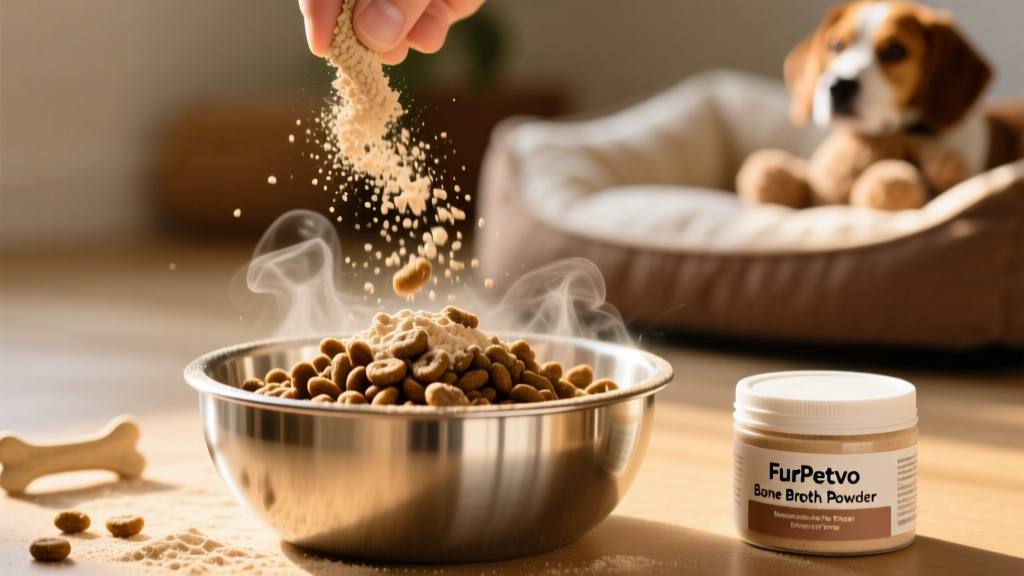 Close-up of FurPetVo bone broth powder being sprinkled over kibble in a stainless-steel bowl