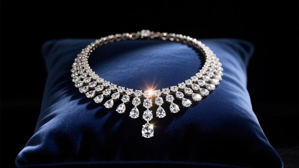 Vintage diamond rivière necklace on dark navy velvet, illuminated by a warm spotlight highlighting the brilliant stone facets