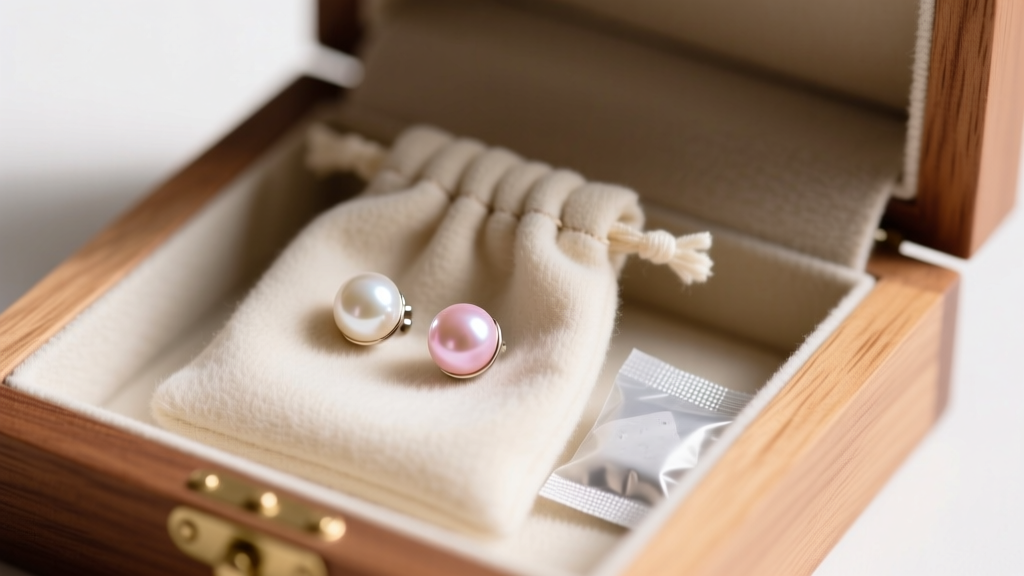 Brighton pearl stud earrings stored inside a soft anti-tarnish flannel pouch next to a silica gel packet in a wooden jewelry box