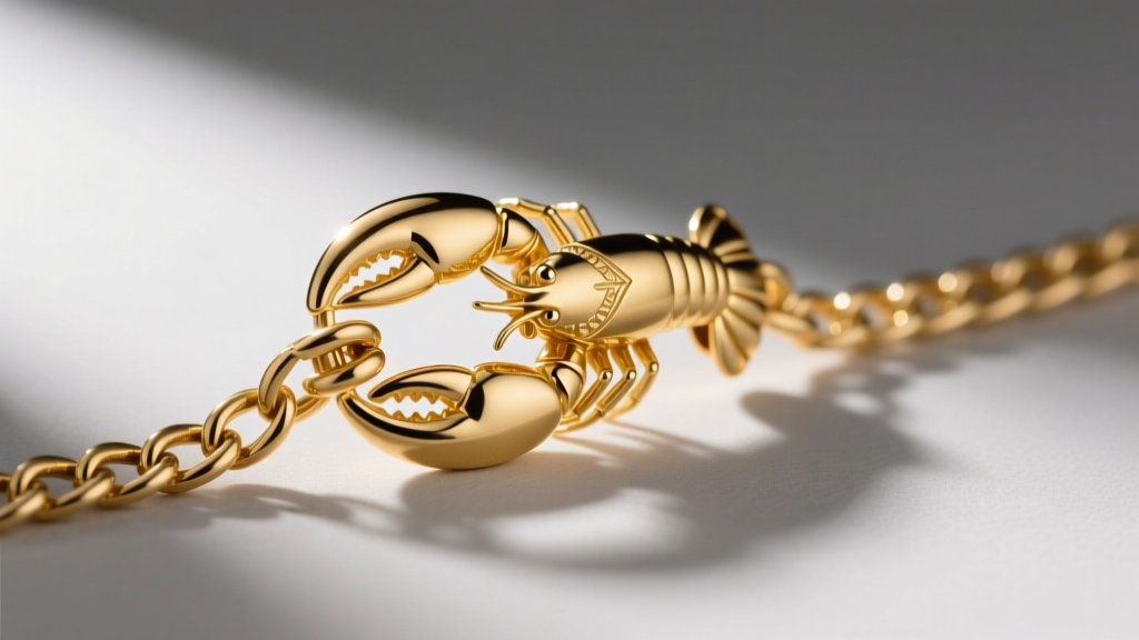 Macro photo of a 14k yellow gold lobster clasp attached to a 2.0mm wheat chain link, sharp focus on a neutral gray background.
