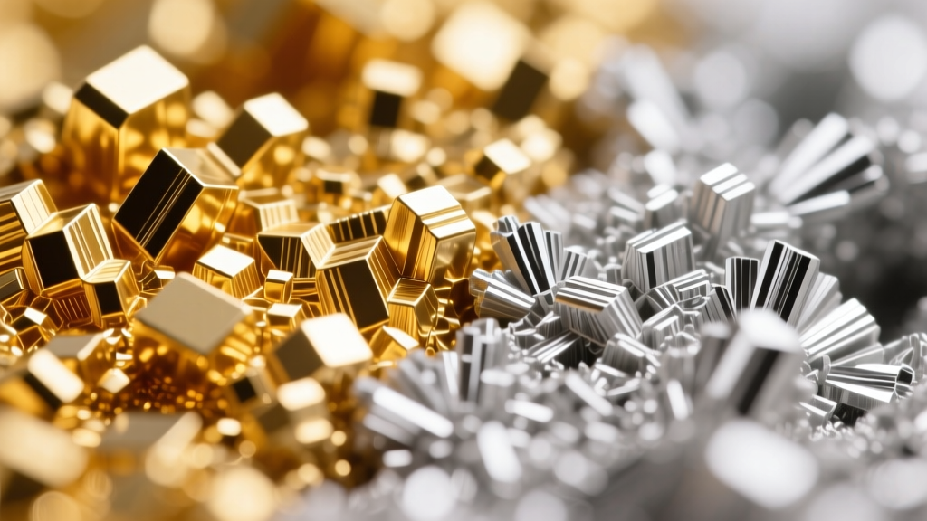Metallurgical microscope view showing crystalline grain structure of 14k gold alloy compared to sterling silver under magnification