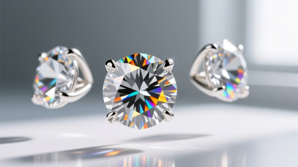 Macro shot of VVS1 moissanite stones in a 14k white gold prong setting showing intense light dispersion and crisp facet junctions.
