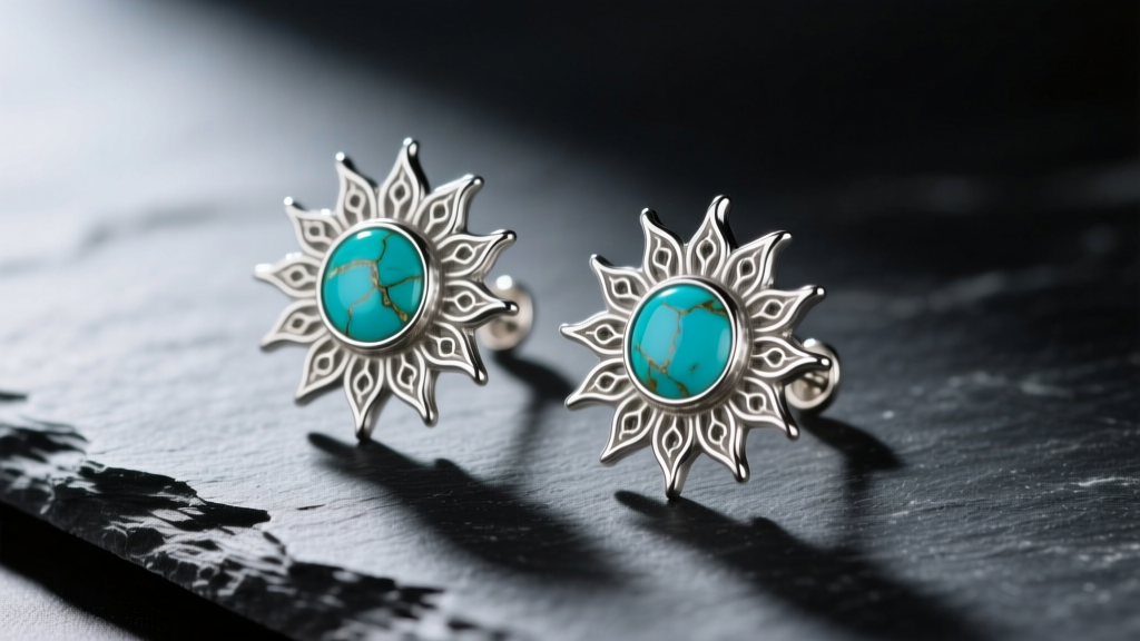 Intricate sterling silver sun face earrings with natural turquoise inlay resting on dark slate under soft directional lighting.