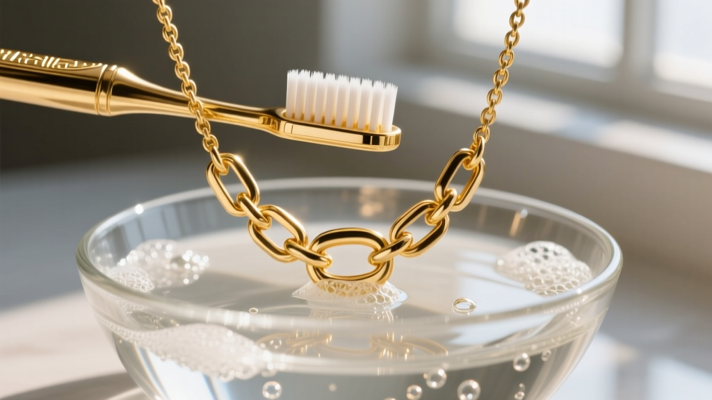 Soft toothbrush gently scrubbing the intricate links of an 18k gold Figaro chain necklace over a clear glass bowl of soapy water