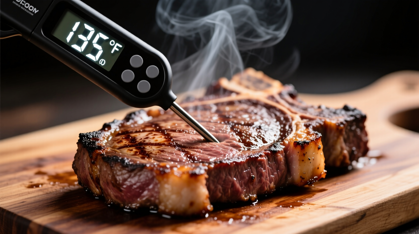 Digital meat thermometer showing 135 degrees in a steak