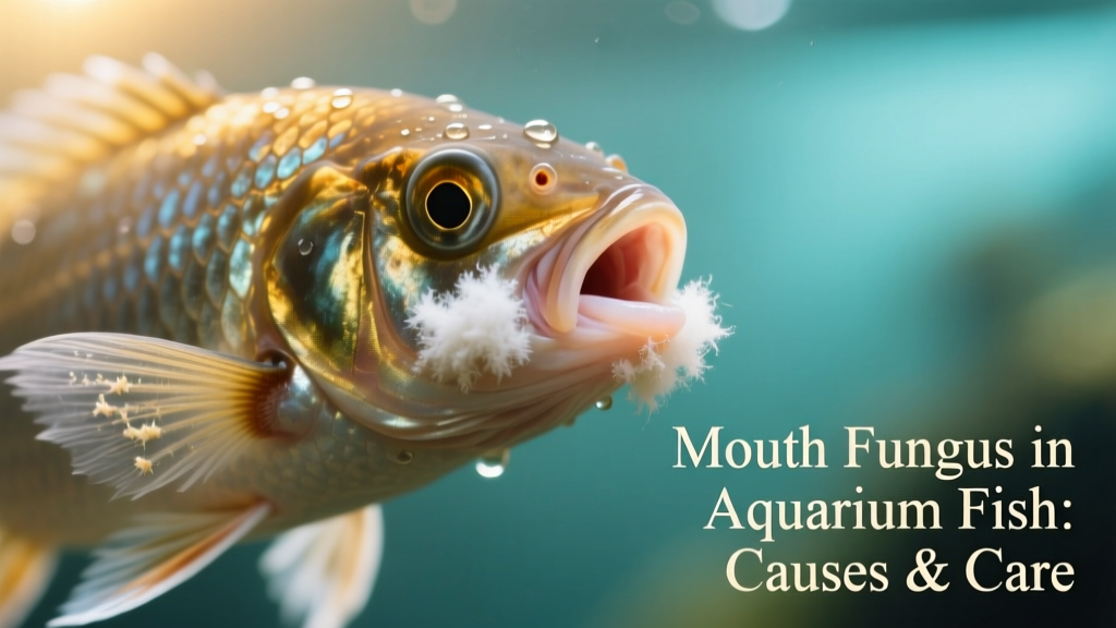 Close-up of a freshwater fish showing off-white, fuzzy growth around the mouth and gills