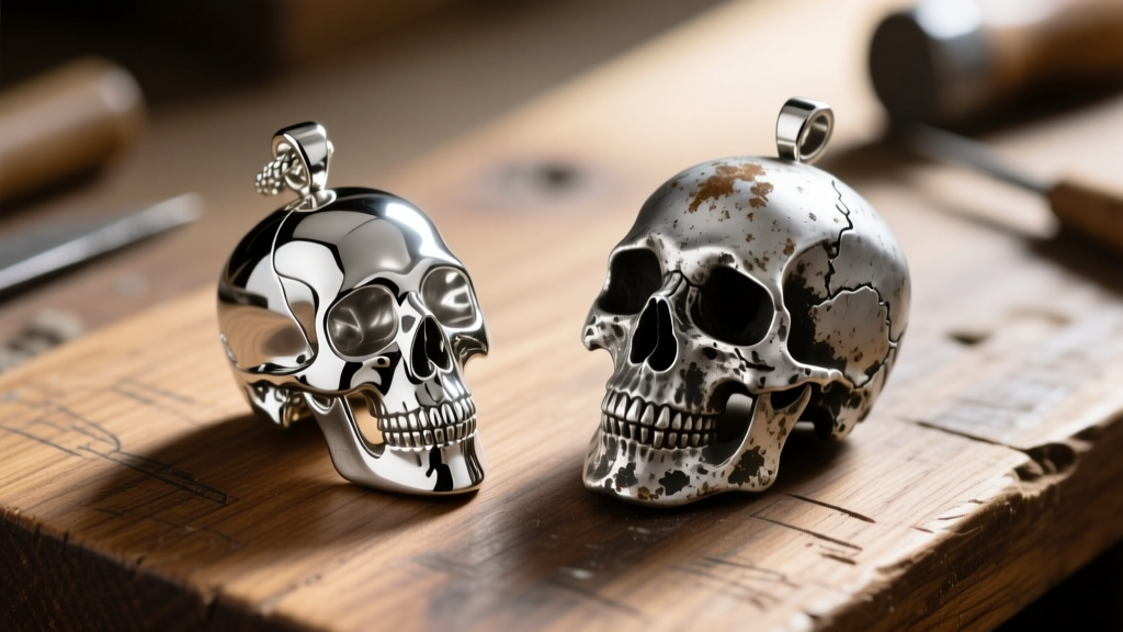 Macro shot comparing a polished 316L stainless steel skull pendant next to a tarnished raw silver one on a wooden jeweler's bench