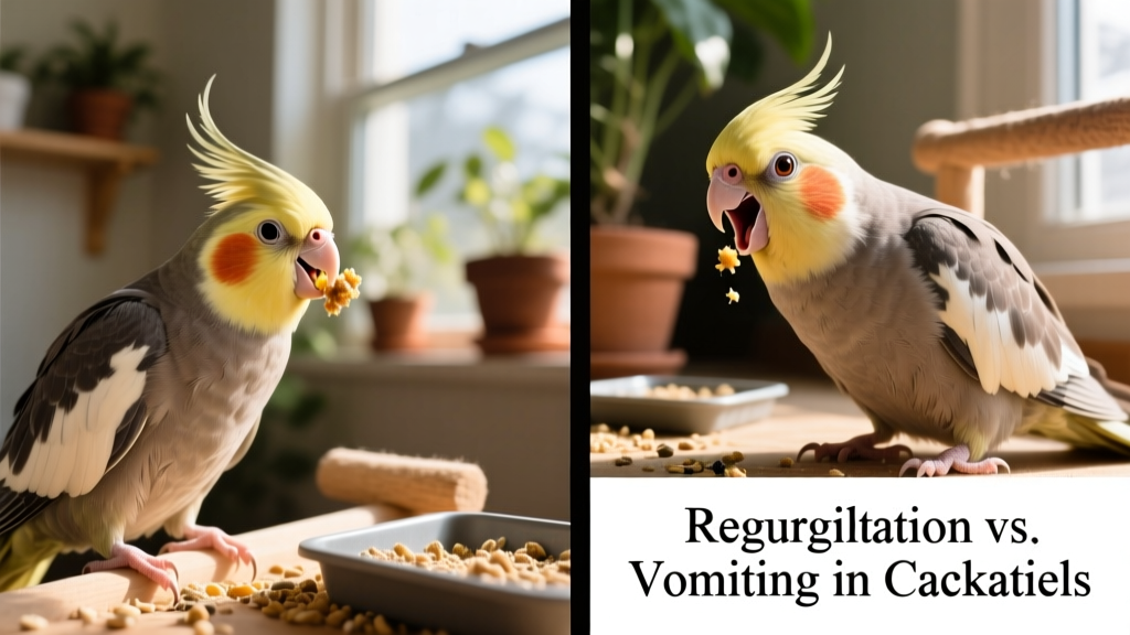 Side-by-side comparison showing relaxed regurgitation versus distressed vomiting in a cockatiel