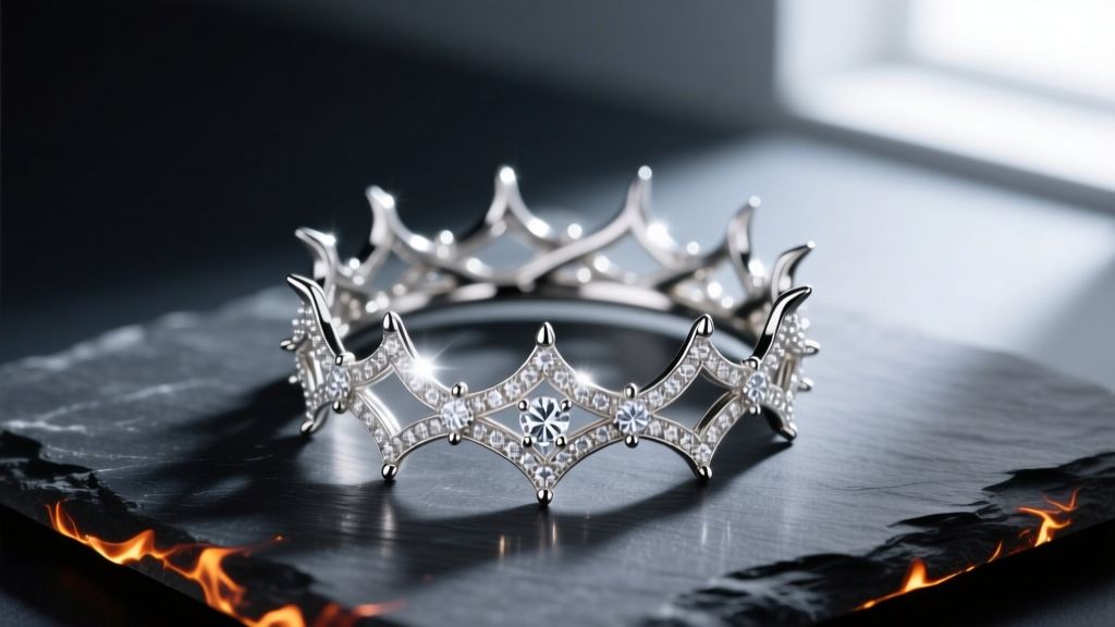 Diamond-encrusted crown of thorns pendant in white gold on dark slate, with moody rim lighting emphasizing sharp metal points.