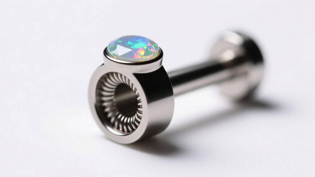 Close-up of a 16-gauge titanium flat-back labret post with a 3 mm opal top, displaying internal threading in sharp focus.