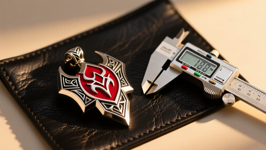 Stainless steel Amulet of Fury replica with red enamel on a leather mat next to digital calipers under warm light
