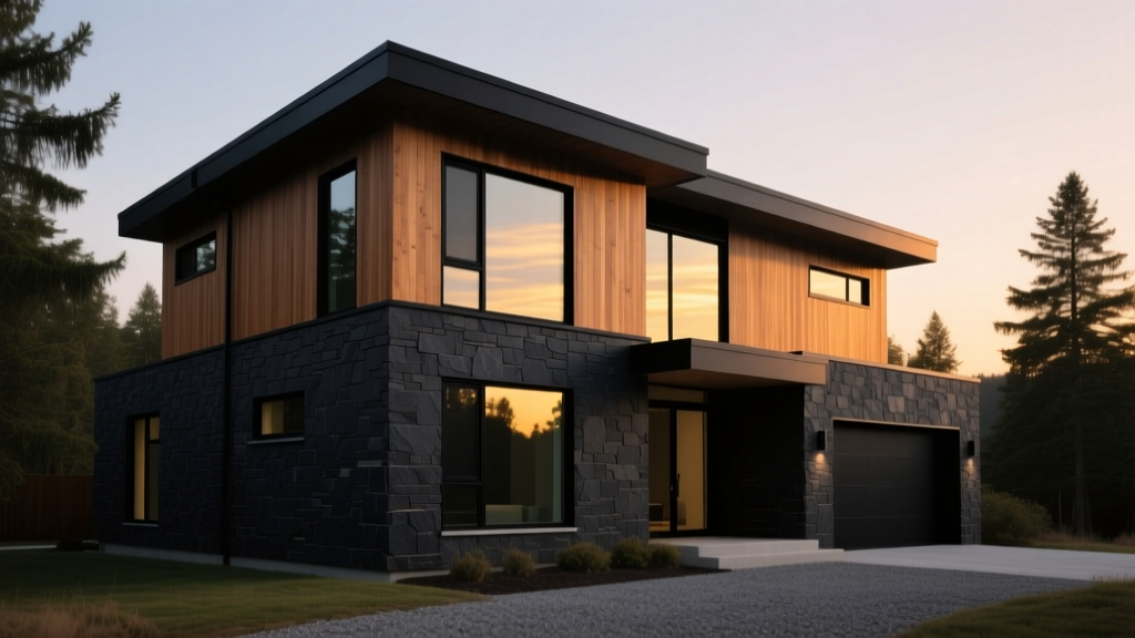 Modern two-story home exterior with dark charcoal ledgestone veneer, warm cedar wood siding, and black matte window frames at dusk
