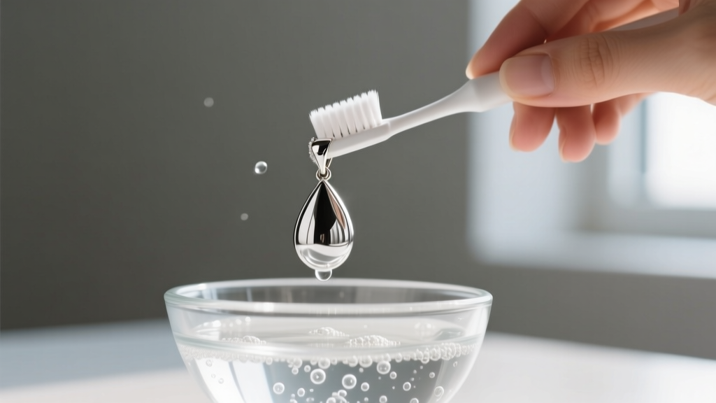 Hands gently brushing a silver teardrop pendant with an extra-soft toothbrush and mild soapy water in a small glass bowl.
