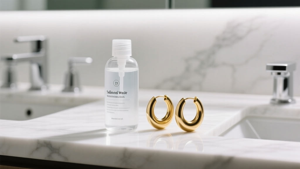 Sterile saline wound wash bottle next to 14k solid gold huggie hoops resting on a clean white marble bathroom counter in soft lighting.