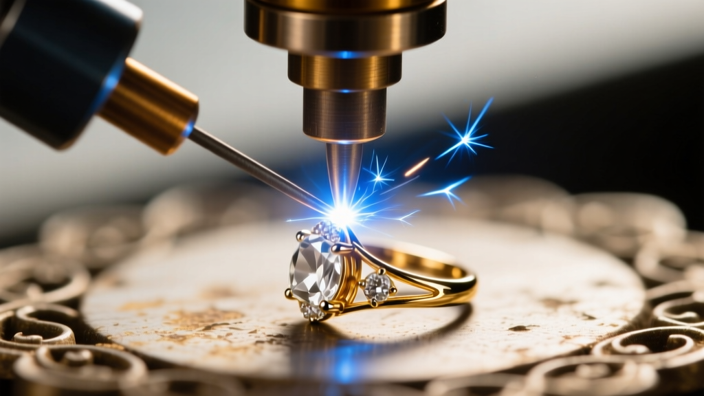 Macro shot of a laser welder repairing a microscopic 18k white gold prong on an antique earring, showing a tiny bright blue spark.
