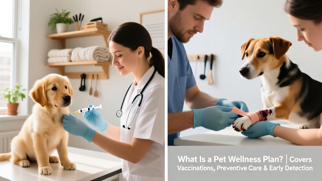 Side-by-side comparison: a veterinarian administering a vaccine versus treating an injured paw