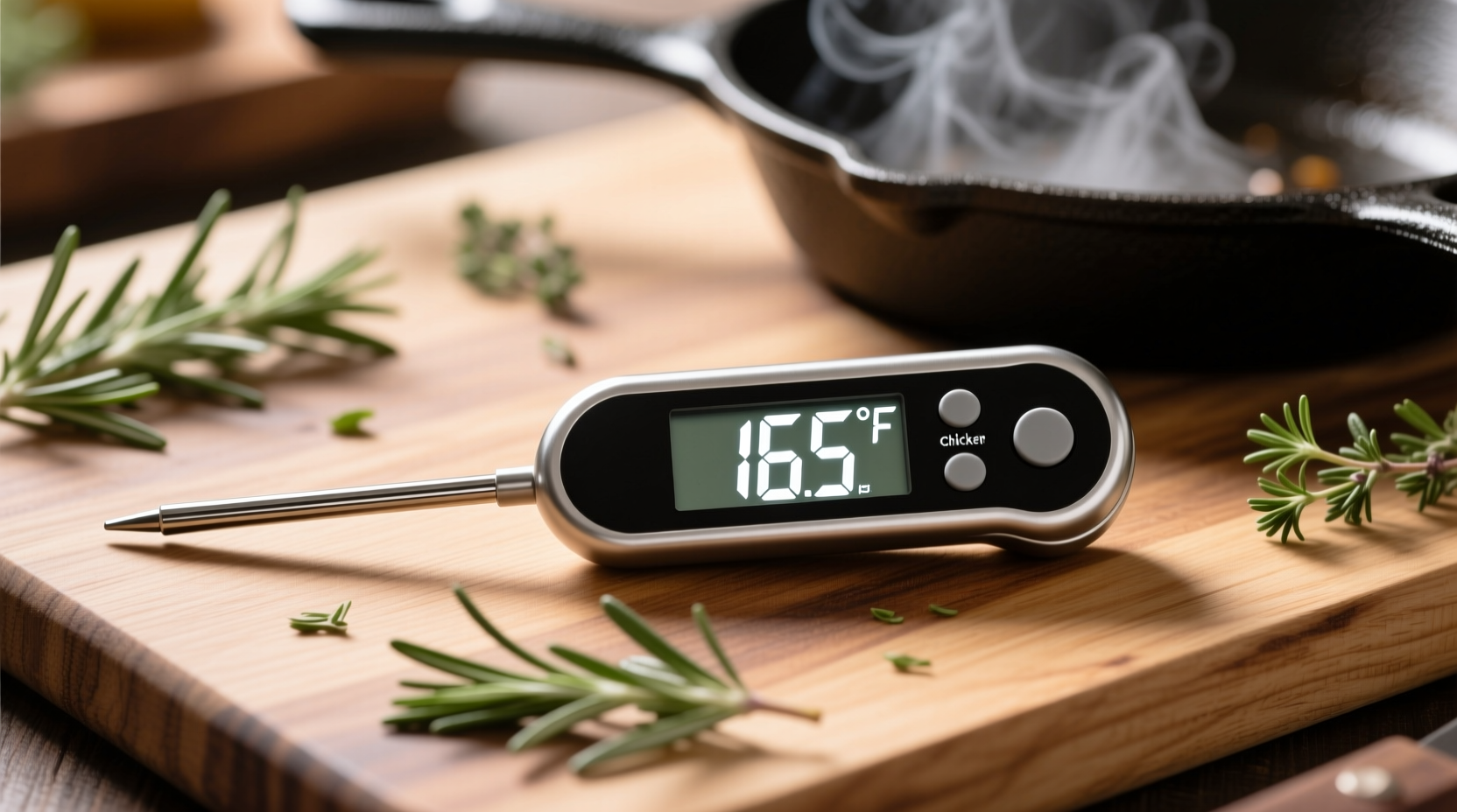Chicken thermometer showing 165 degrees Fahrenheit