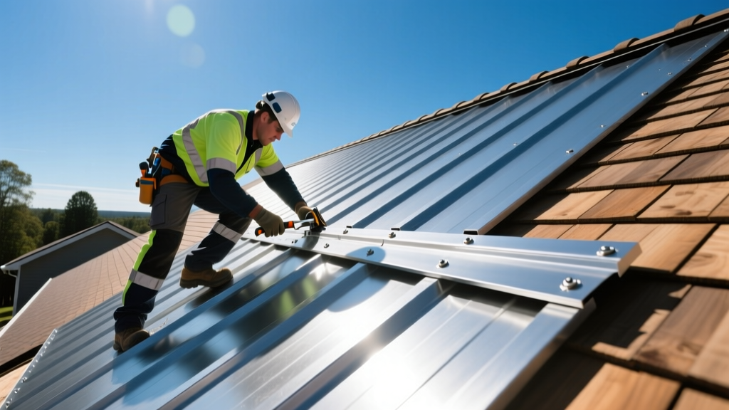 Roofing contractor installing interlocking standing seam metal panels with concealed clips on a steep residential roof deck