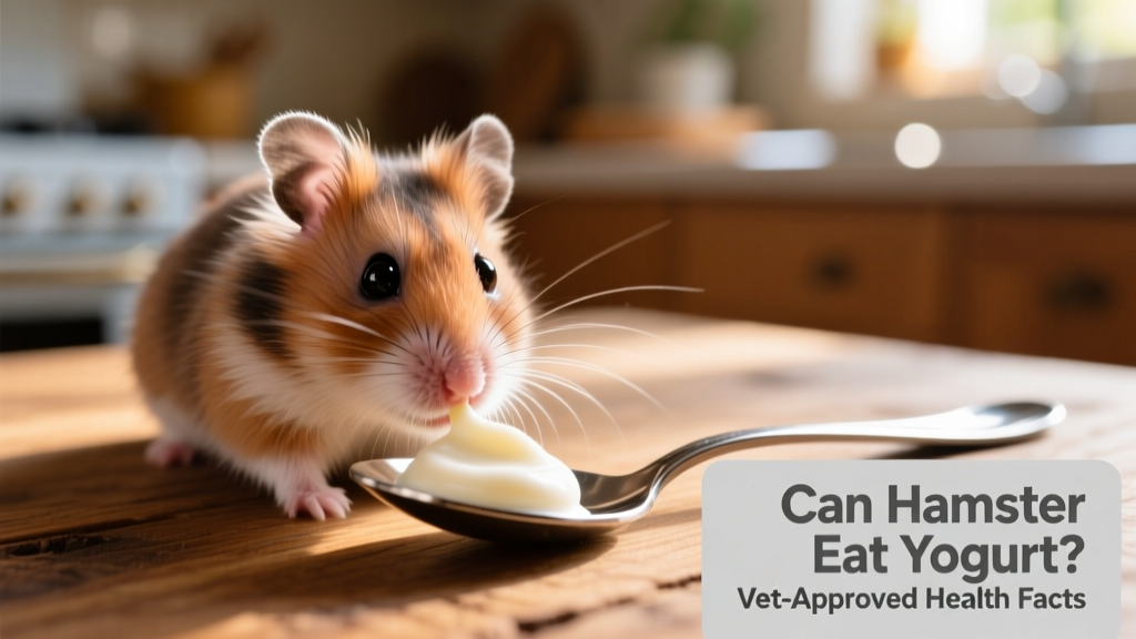 Close-up of a Syrian hamster cautiously sniffing a small dollop of plain yogurt on a spoon