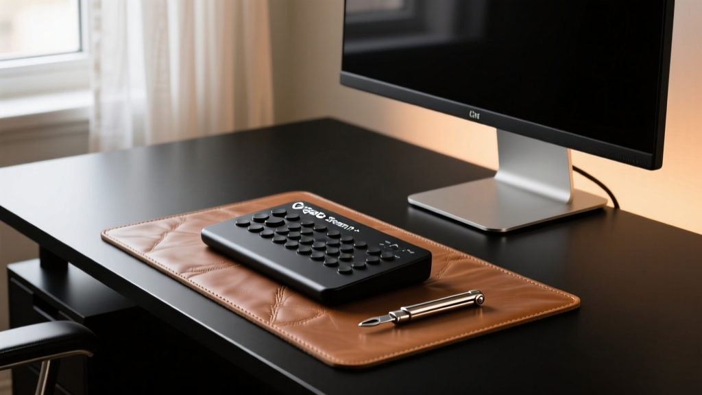 Matte black desk setup featuring Elgato Stream Deck+ and titanium EDC prybar on leather desk mat under warm monitor glow