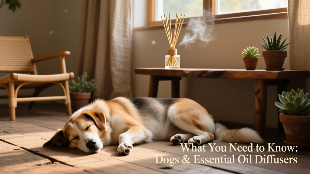 A calm dog resting nearby while a passive reed diffuser sits on a shelf across the room, out of reach