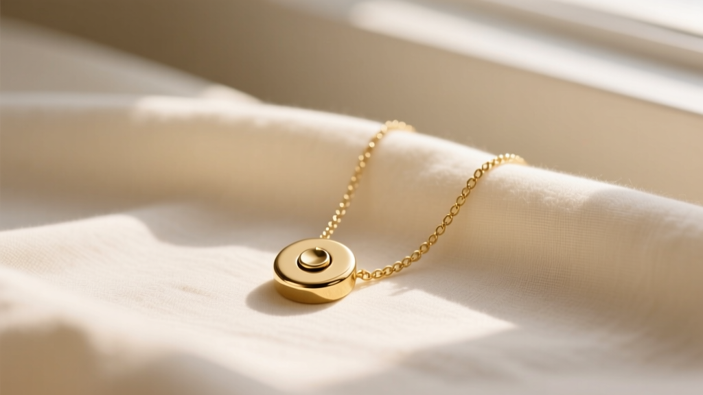 Minimalist 14k gold pause button pendant on a delicate 18-inch box chain resting on soft cream linen in warm natural lighting