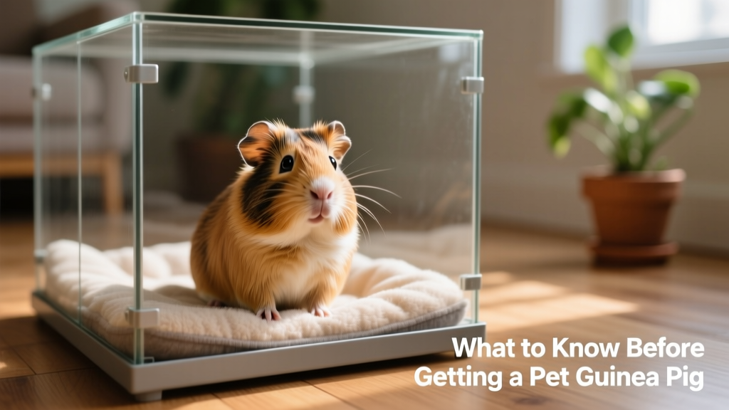 A healthy, alert guinea pig sitting on soft bedding in a clean, spacious enclosure