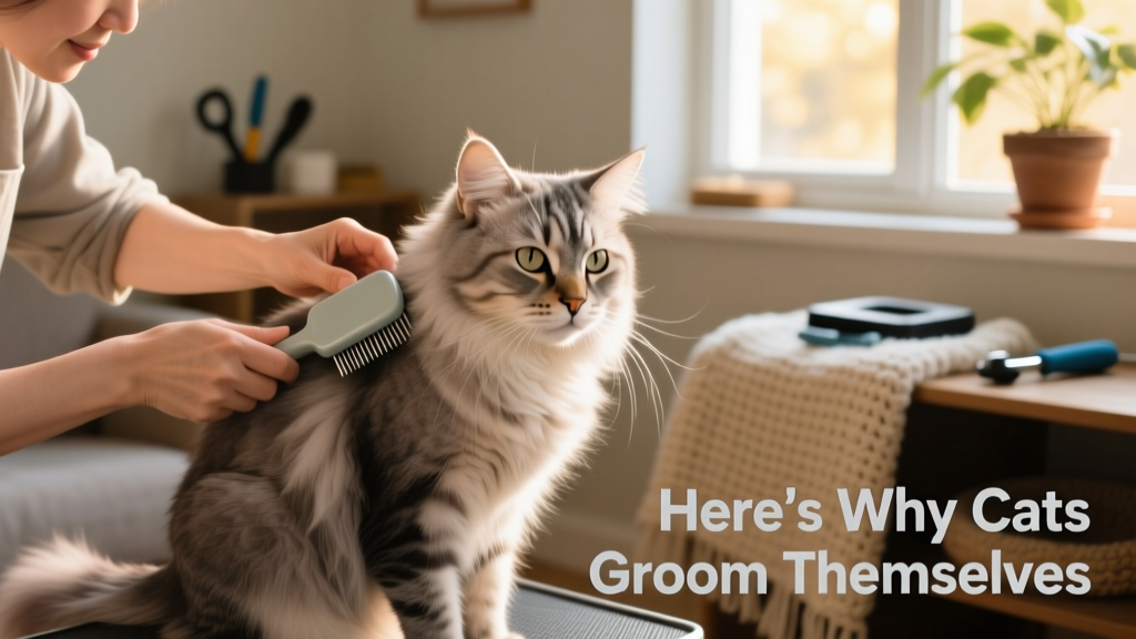 Senior cat being gently brushed by a caregiver, highlighting the importance of assisted grooming