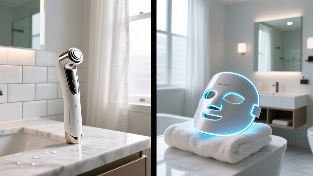 Split-screen vanity showing a basic skincare wand and a clinical-grade LED face mask side-by-side in a modern, well-lit bathroom.